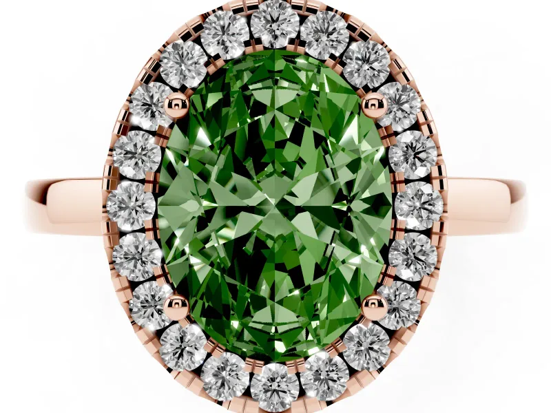 Fancy Green Oval Cut Diamond Halo Solitaire Ring Set in Rose gold with Pavé Band and Prong Setting
