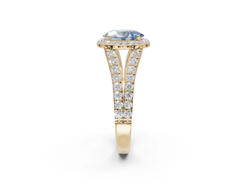 Oval Halo Pavé Engagement Ring Setting for a Fancy Blue Lab-Grown Diamond | Narrow Split Shank | Yellow Gold