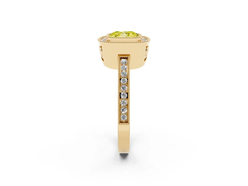 Fancy Yellow Cushion Cut Diamond Halo Ring Set in Yellow gold with Pavé Band and Milgrain-Edged Prongs