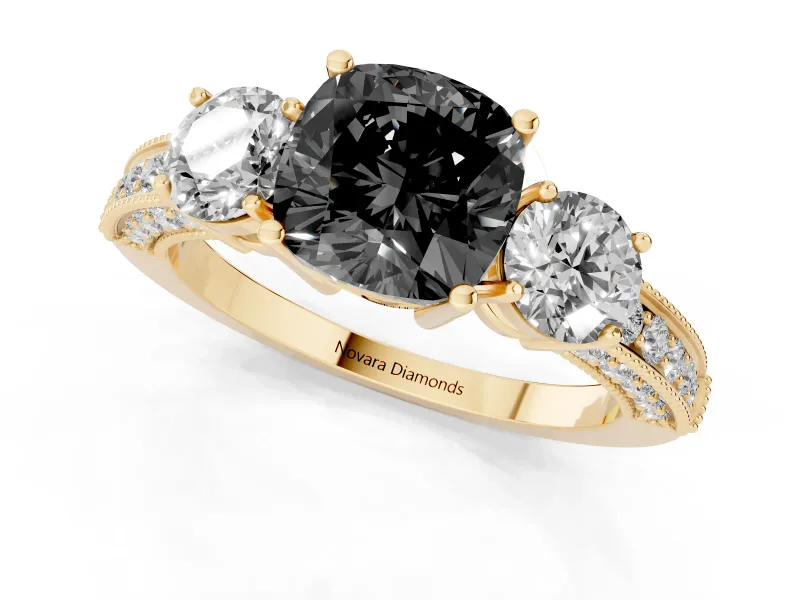 Fancy Black Cushion Cut Diamond Three-Stone Ring Set in Yellow gold with Round Side Stones and Pavé Band