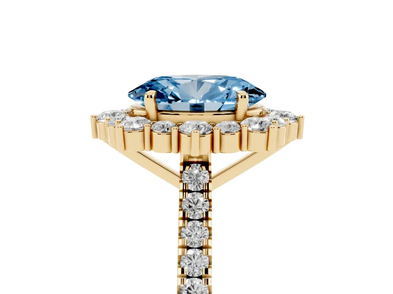 Oval Scalloped Halo Engagement Ring Setting for a Fancy Blue Lab-Grown Diamond | Single Row Pave | Yellow Gold