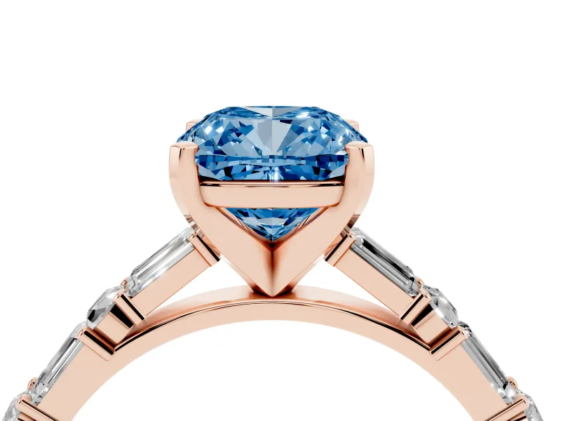 Cushion Cut Baguette Side Stone Engagement Ring Setting for a Fancy Blue Lab-Grown Diamond | Rose Gold