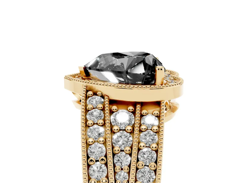 Fancy Black Heart Cut Diamond Halo Ring Set in Yellow gold with Accent Split Shank and Prong Setting