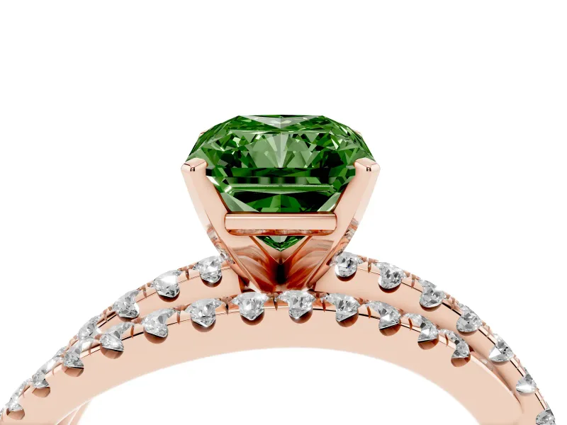 Fancy Green Radiant Cut Diamond Solitaire Twist Band Ring Set in Rose gold with Pavé Setting and Prong Head