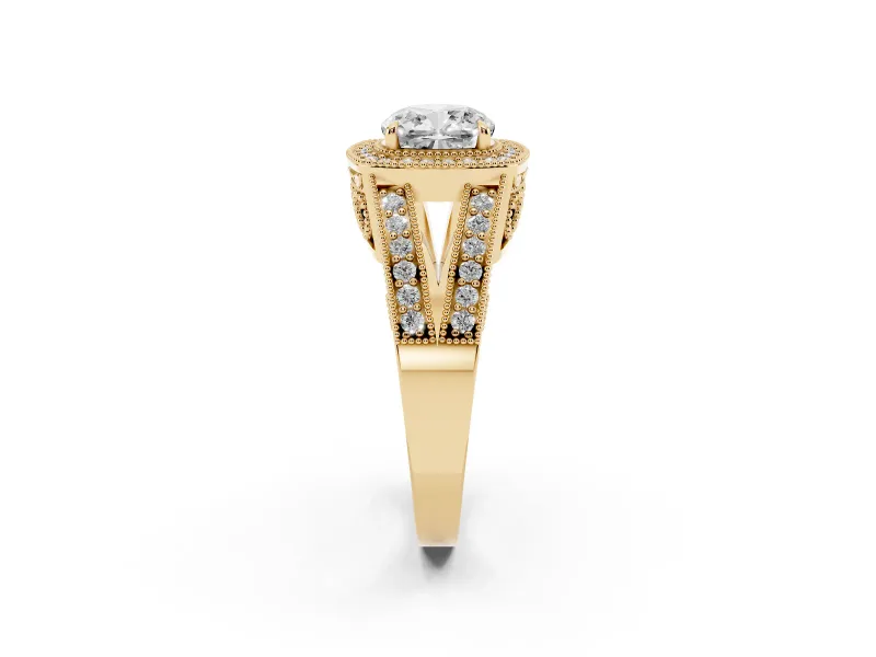 Cushion Cut Vintage Milgrain Halo Engagement Ring Setting | Pave Split Shank | Yellow Gold