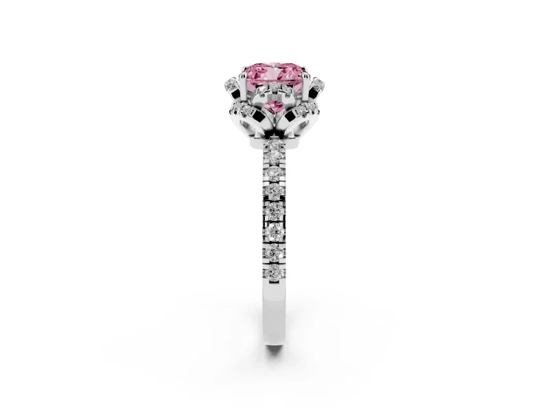 Fancy Pink Cushion Cut Diamond Halo Pavé Band Ring Set in White gold with Prong-Held Center