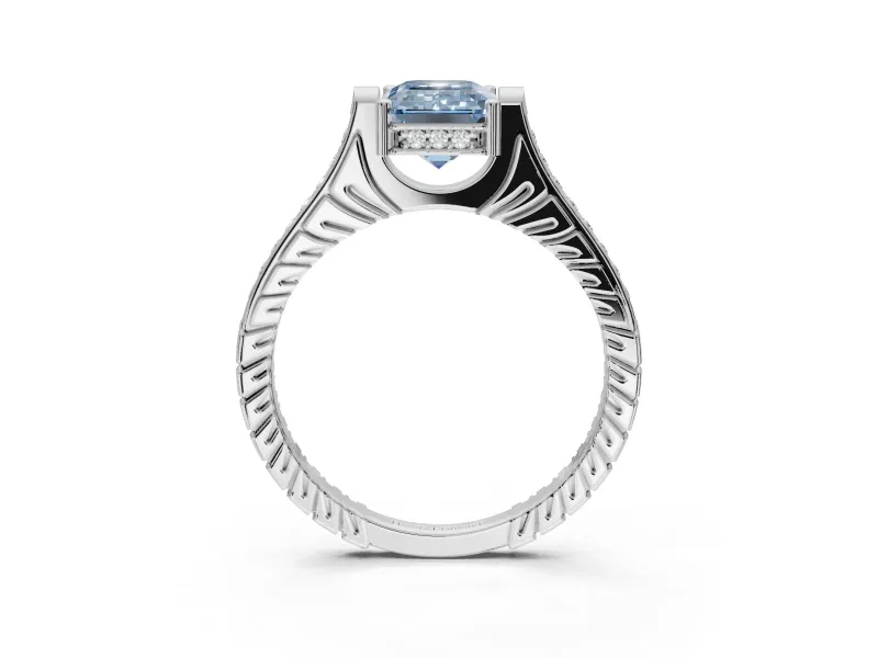 Emerald Cut Vintage Cathedral Engagement Ring Setting for a Fancy Blue Lab-Grown Diamond | Carved Band | Platinum