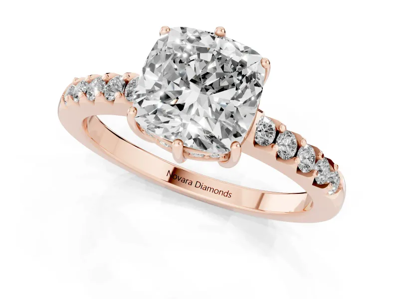 Cushion Cut Hidden Halo Solitaire Engagement Ring Setting | Shared Prong Band | Rose Gold