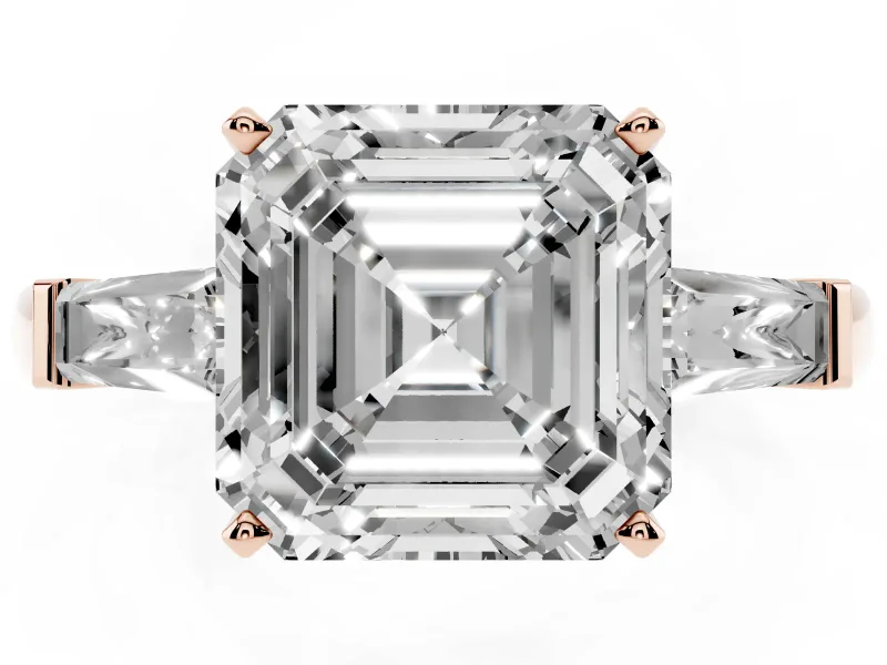 Asscher Cut Three Stone Engagement Ring Setting | Tapered Baguettes | Rose Gold