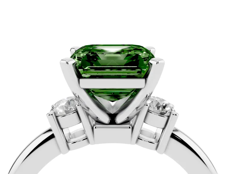 Fancy Green Three-Stone Asscher Cut Diamond Ring Set in Platinum with Prong Setting and Plain Band