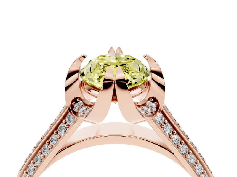 Fancy Yellow Marquise Cut Diamond Pavé Split Shank Solitaire Ring Set in Rose gold with Prong Setting
