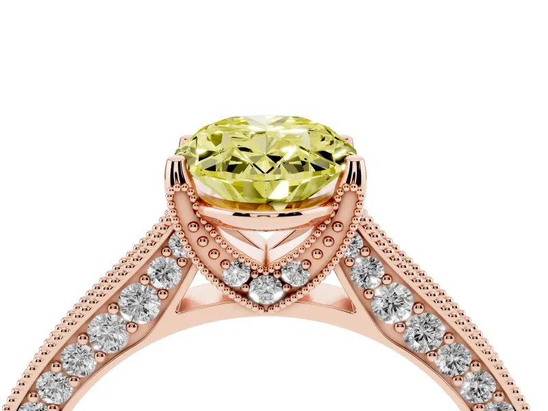 Oval Vintage Hidden Halo Engagement Ring Setting for a Fancy Yellow Lab-Grown Diamond | Milgrain Pave Band | Rose Gold