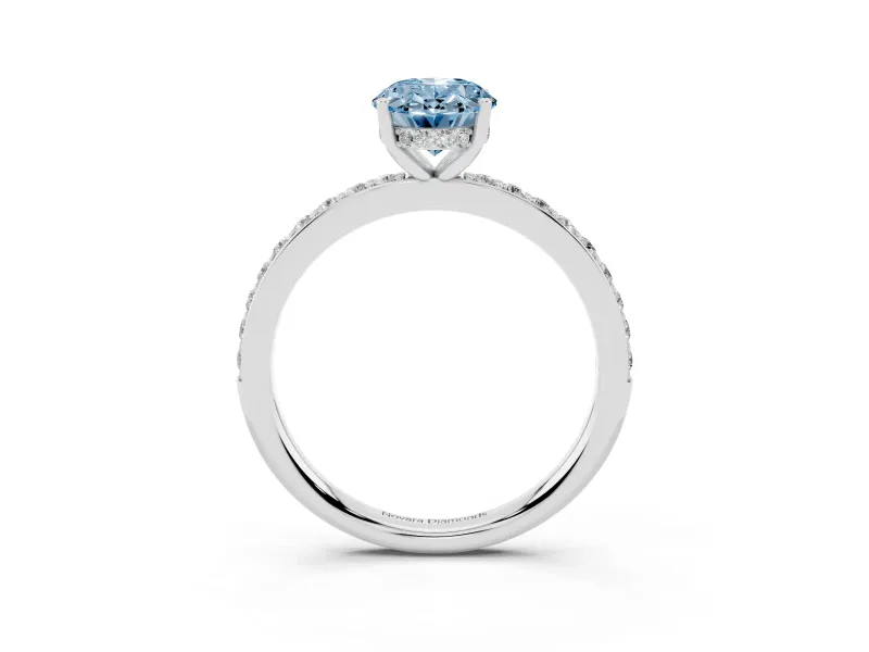 Fancy Blue Oval Cut Diamond Pavé Band Ring Set in Silver with Prong-Set Center Stone
