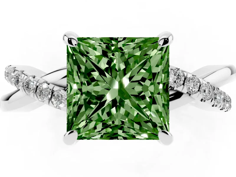 Fancy Green Princess Cut Diamond Twist Band Solitaire Set in Silver with Pavé Accents and Prong Setting