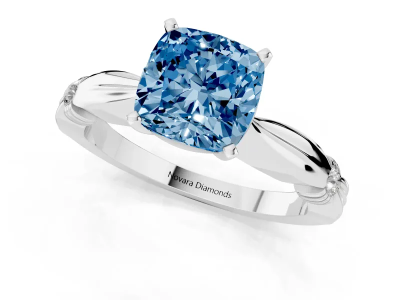 Fancy Blue Cushion Cut Diamond Solitaire Twisted Band Ring Set in Platinum with Accent Stones and Prong Setting
