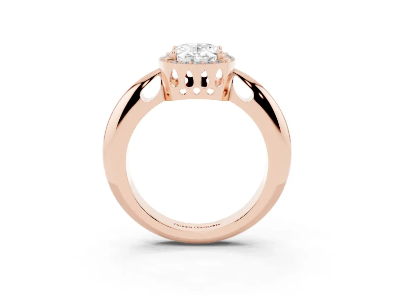 Oval Cut Diamond Halo Engagement Ring Set in Rose gold with Plain Split Shank and Prong Setting