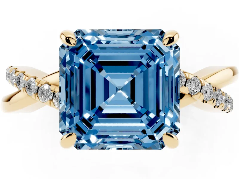 Fancy Blue Asscher Cut Diamond Twist Band Solitaire Set in Yellow gold with Pavé Accents and Prong Setting