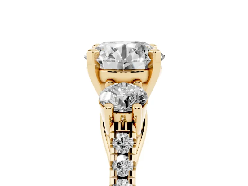Round Three-Stone Pavé Engagement Ring Setting | Round Side Stones | Yellow Gold