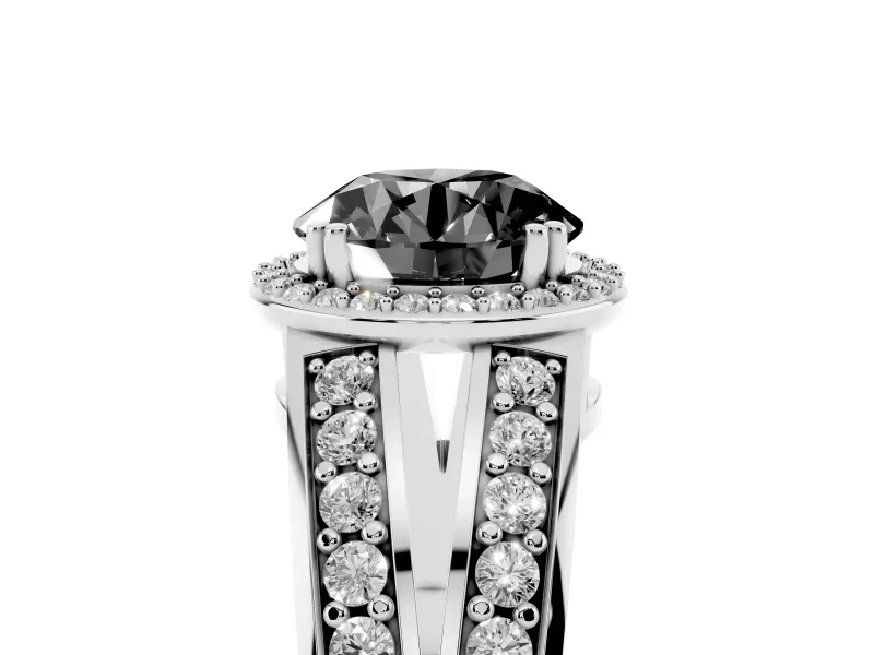 Round Halo Engagement Ring Setting for a Black Center | Two-Row Pavé Split Shank | White Gold