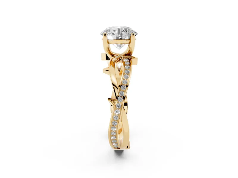 Round Cut Diamond Pavé Twist Band Solitaire Ring Set in Yellow gold with Prong Setting