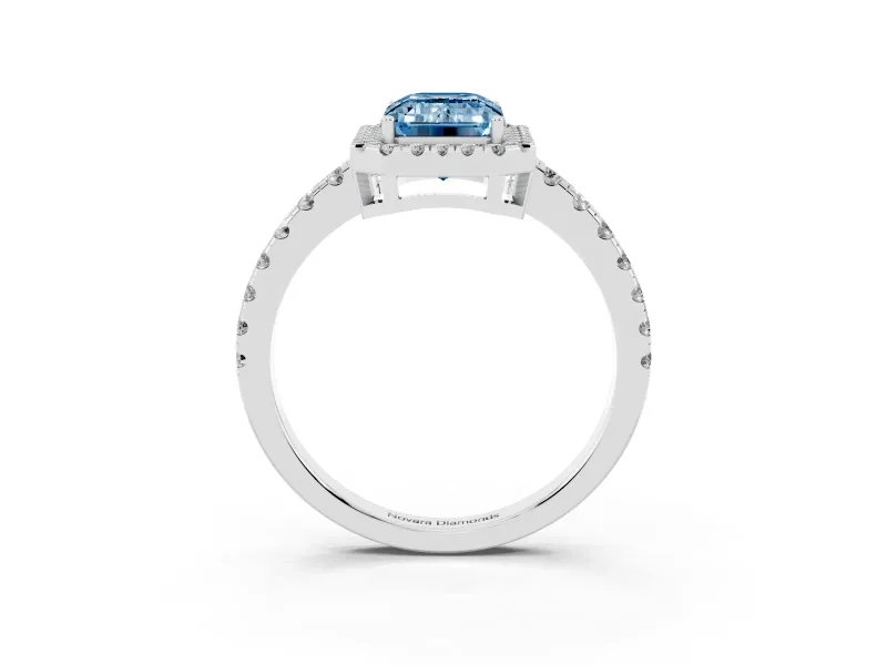 Fancy Blue Emerald Cut Diamond Halo Ring Set in Platinum with Delicate Pavé Band and Prong Setting