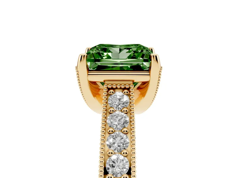 Princess Cut Hidden Halo Engagement Ring Setting for a Fancy Green Lab-Grown Diamond | Milgrain Pave | Yellow Gold