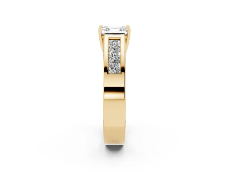 Asscher Cut Diamond Solitaire Ring Set in Yellow gold with Channel-Set Accent Stones and Prong Setting