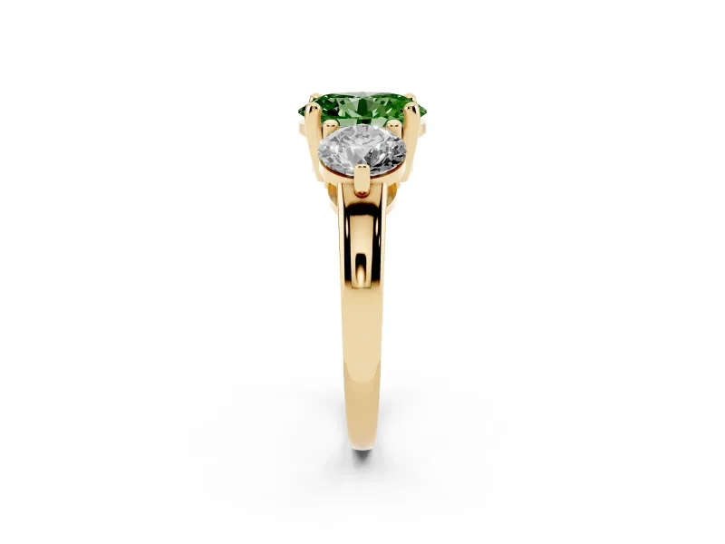 Oval Three Stone Engagement Ring Setting for a Fancy Green Lab-Grown Diamond | Open Prong Baskets | Yellow Gold