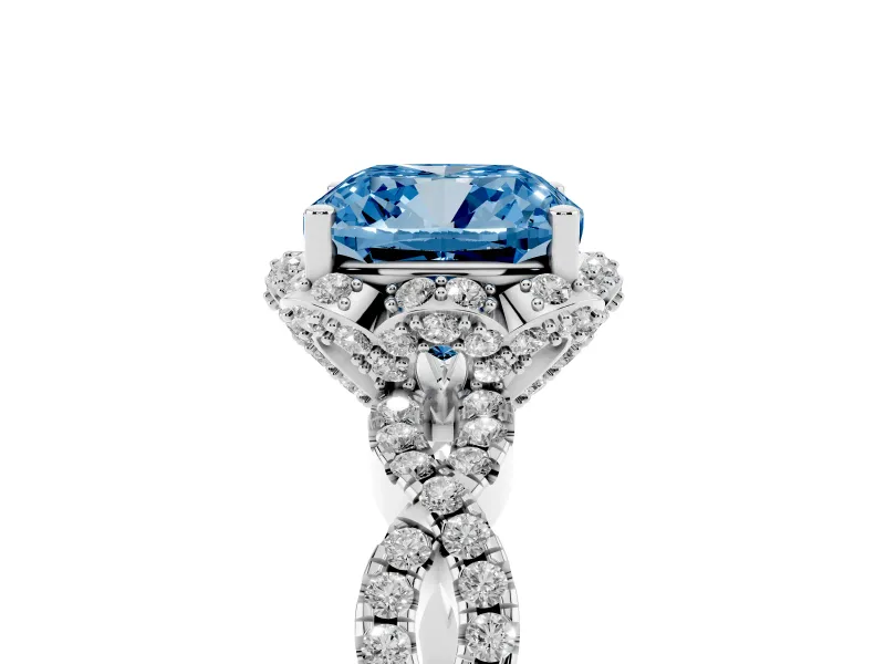Fancy Blue Cushion Cut Diamond Halo Twist Band Solitaire Ring Set in White gold with Prong-Set Center Stone