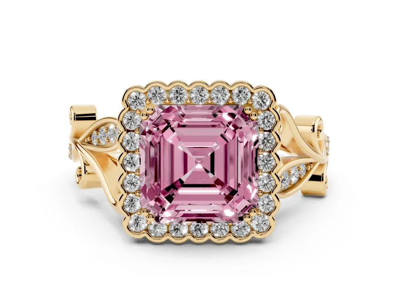 Fancy Pink Asscher Cut Diamond Halo Ring Set in Yellow gold with Leaf Motif Split Shank and Prong Setting