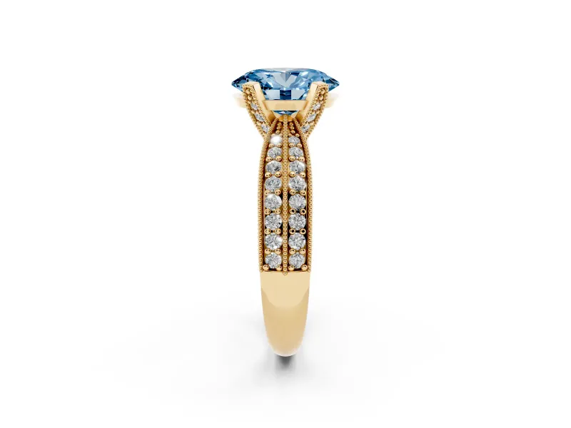 Fancy Blue Oval Cut Diamond Solitaire Ring Set in Yellow gold with Milgrain Double Row Round Pavé Band