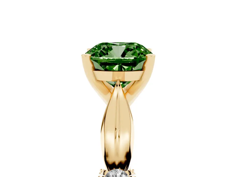 Fancy Green Cushion Cut Diamond Solitaire Twisted Band Ring Set in Yellow gold with Accent Stones and Prong Setting