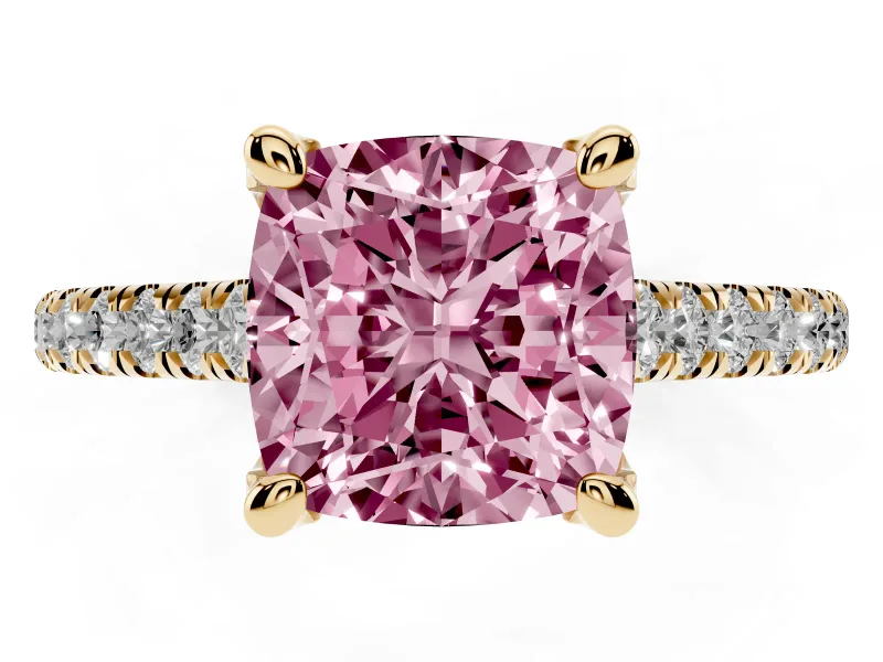 Cushion Cut Hidden Halo Pave Engagement Ring Setting for a Fancy Pink Lab-Grown Diamond | Claw Prongs | Yellow Gold