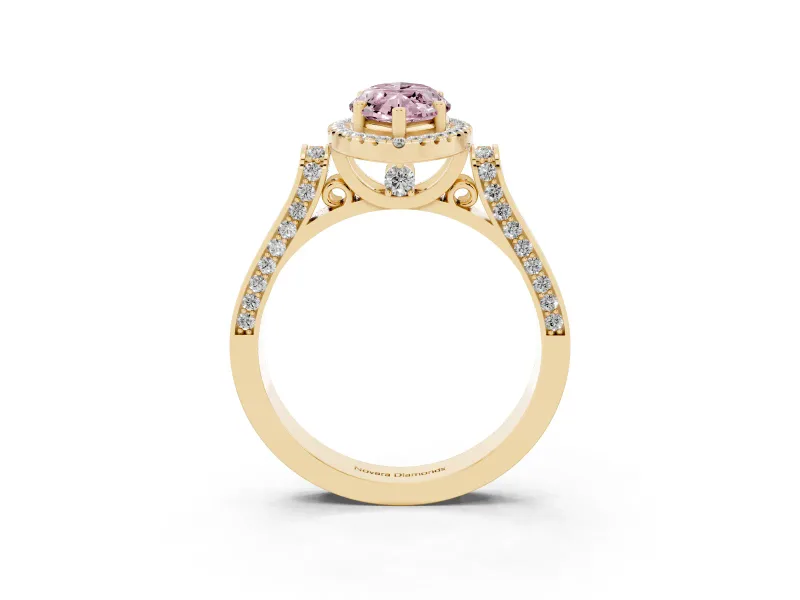 Fancy Pink Marquise Cut Diamond Halo Ring Set in Yellow gold with Pavé-Lined Split Shank Band