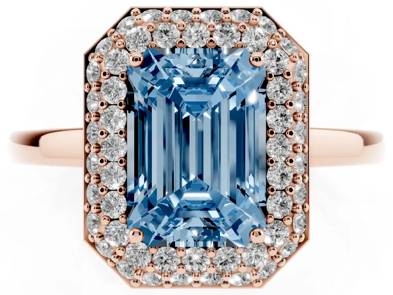 Fancy Blue Emerald Cut Diamond Halo Engagement Ring Set in Rose gold with Solitaire Band and Prong Setting