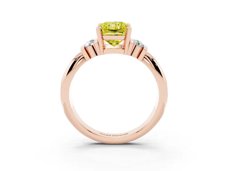 Fancy Yellow Three-Stone Radiant Cut Diamond Channel Set Ring Set in Rose gold with Bar Prongs