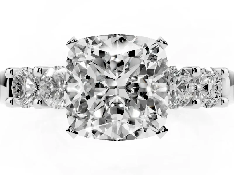 Cushion Cut Diamond Five-Stone Prong Set Engagement Ring Set in Platinum with Channel Band