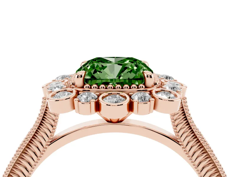Cushion Cut Scalloped Halo Engagement Ring Setting for a Fancy Green Lab-Grown Diamond | Milgrain Edges | Rose Gold