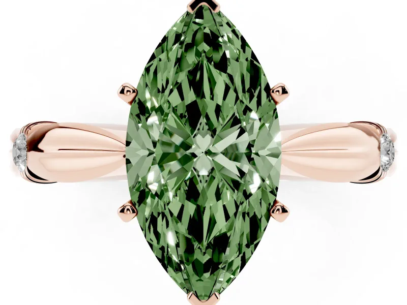 Fancy Green Marquise Cut Diamond Solitaire Twisted Band Ring Set in Rose gold with Accent Stones and Prong Setting