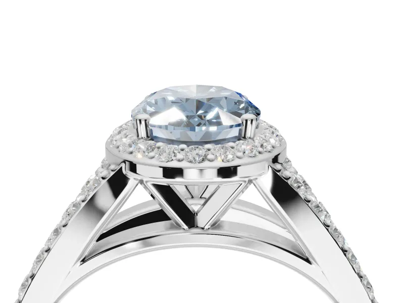 Oval Halo Pavé Engagement Ring Setting for a Fancy Blue Lab-Grown Diamond | Narrow Split Shank | Sterling Silver