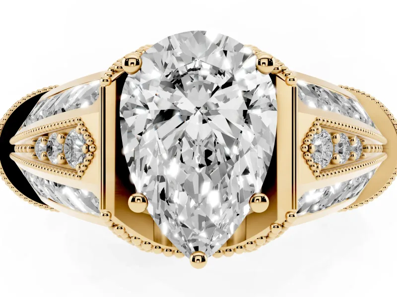 Pear-Shaped Vintage Milgrain Engagement Ring Setting | Hidden Halo | Yellow Gold