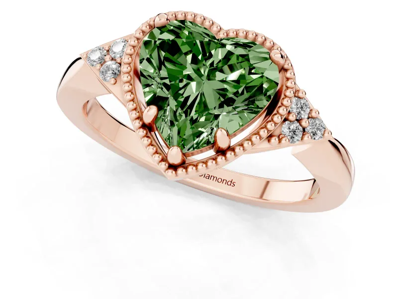 Fancy Green Heart Cut Diamond Milgrain Solitaire Ring Set in Rose gold with Tapered Pavé Band and Prong Setting