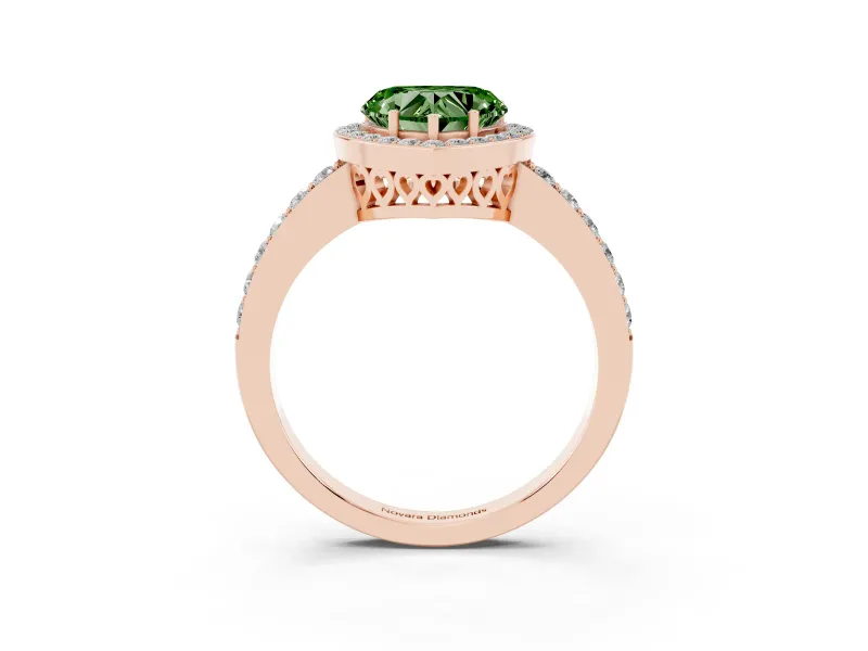Fancy Green Heart Cut Diamond Halo Ring Set in Rose gold with Pavé-Setting Band and Open Prong Center