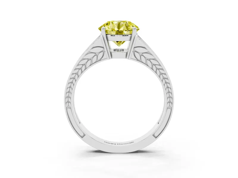 Fancy Yellow Round Cut Diamond Split Shank Ring Set in Platinum with Pavé Band and Prong Setting