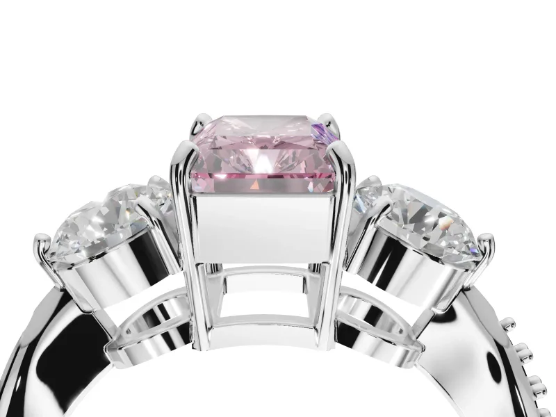 Radiant Cut Three Stone Engagement Ring Setting for a Fancy Pink Lab-Grown Diamond | Tapered Pave Band | Platinum