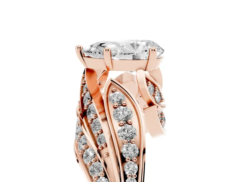 Pear Cut Diamond Solitaire Ring Set in Rose gold with Layered Twist Pavé Band