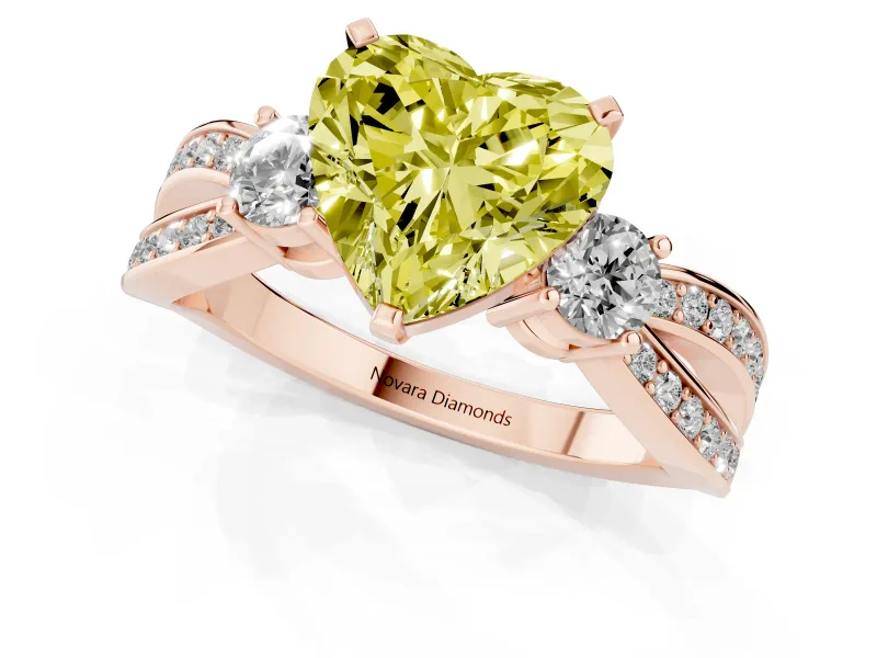 Heart-Shaped Three-Stone Twist Engagement Ring Setting for a Fancy Yellow Lab-Grown Diamond | Rose Gold
