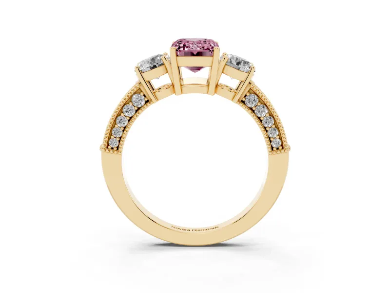 Emerald Cut Three Stone Engagement Ring Setting for a Fancy Pink Lab-Grown Diamond | Graduated Pave Band | Yellow Gold