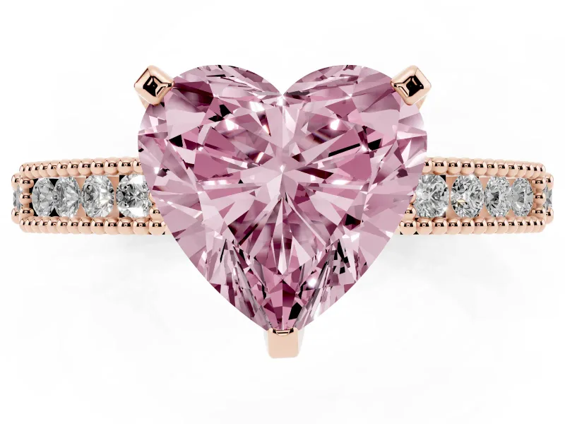 Fancy Pink Heart Cut Diamond Solitaire Ring Set in Rose gold with Slim Pavé Band and Prong Setting