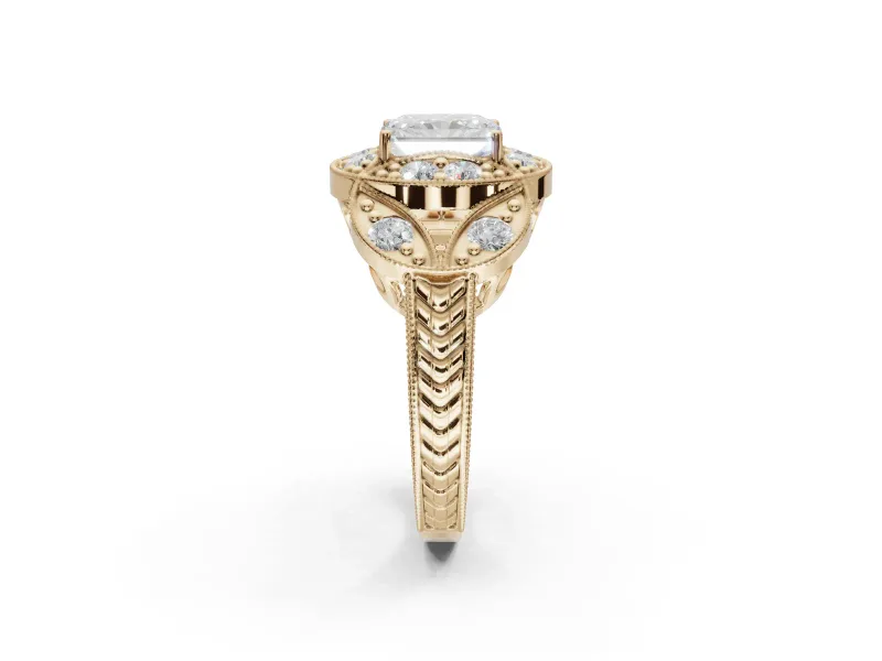 Radiant Cut Vintage Floral Halo Engagement Ring Setting | Engraved Milgrain Band | Yellow Gold